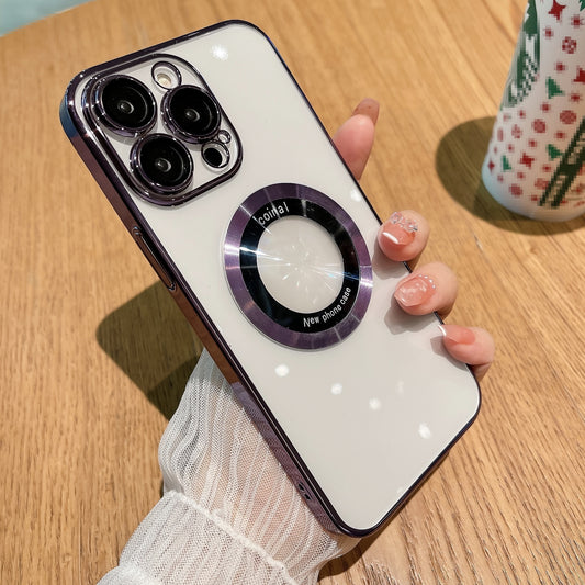 For iPhone 13 Pro Max Magnetic Phone Case Electroplating Clear PC Cover with Acrylic Logo Magnifier Design