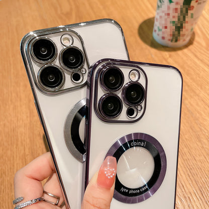 For iPhone 13 Pro Max Magnetic Phone Case Electroplating Clear PC Cover with Acrylic Logo Magnifier Design