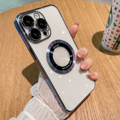 For iPhone 13 Pro Max Magnetic Phone Case Electroplating Clear PC Cover with Acrylic Logo Magnifier Design