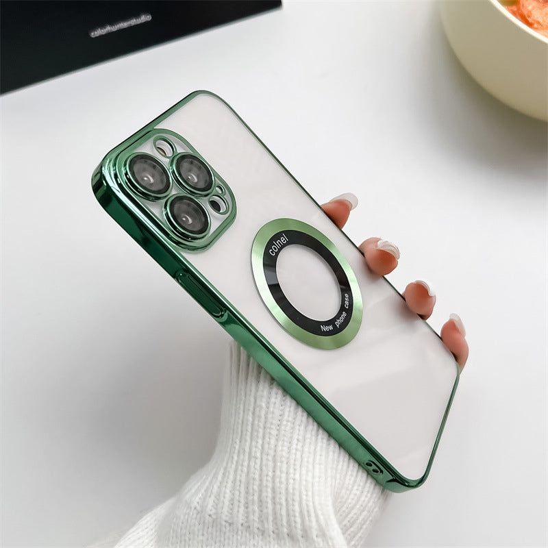 For iPhone 13 Pro Max Magnetic Phone Case Electroplating Clear PC Cover with Acrylic Logo Magnifier Design