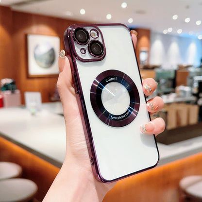 For iPhone 14 Clear PC Electroplating Phone Case Acrylic Magnifier Logo View Magnetic Cover