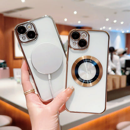 For iPhone 14 Clear PC Electroplating Phone Case Acrylic Magnifier Logo View Magnetic Cover