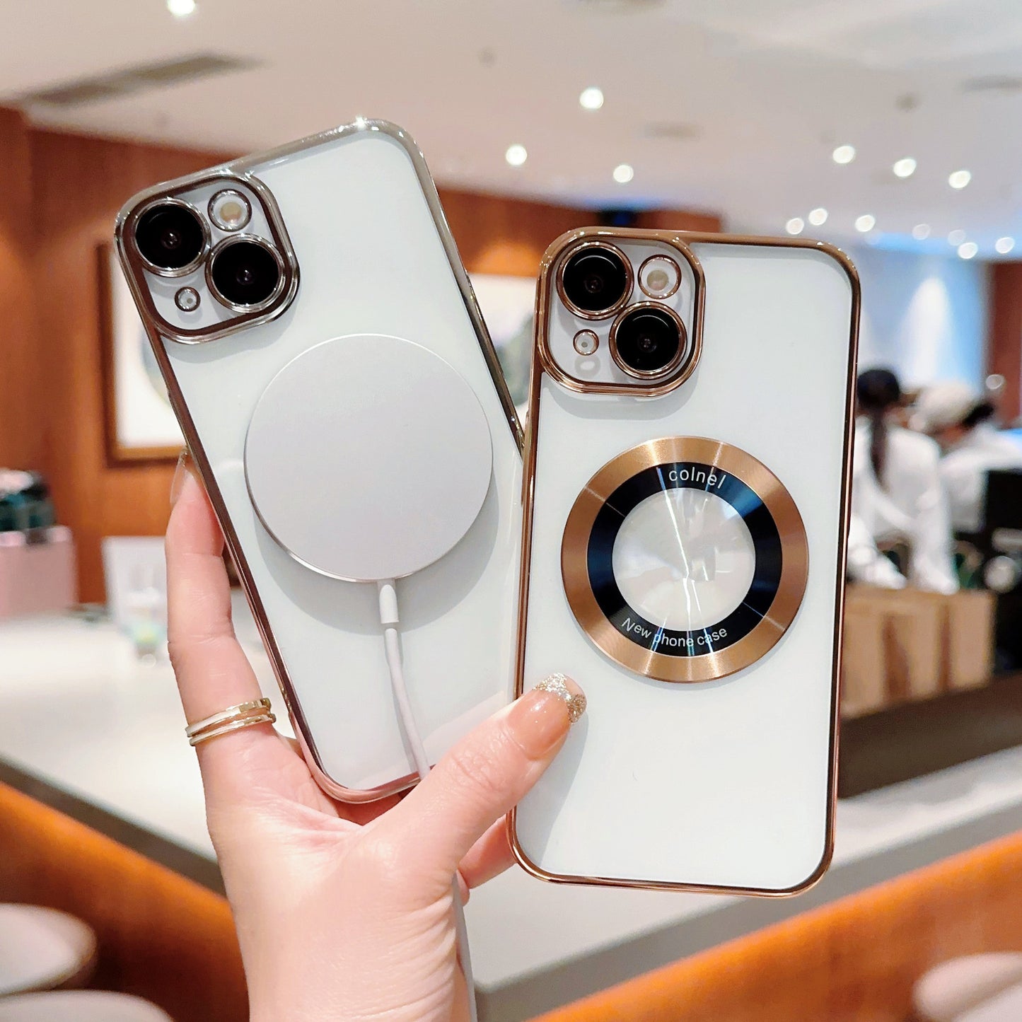 For iPhone 14 Clear PC Electroplating Phone Case Acrylic Magnifier Logo View Magnetic Cover