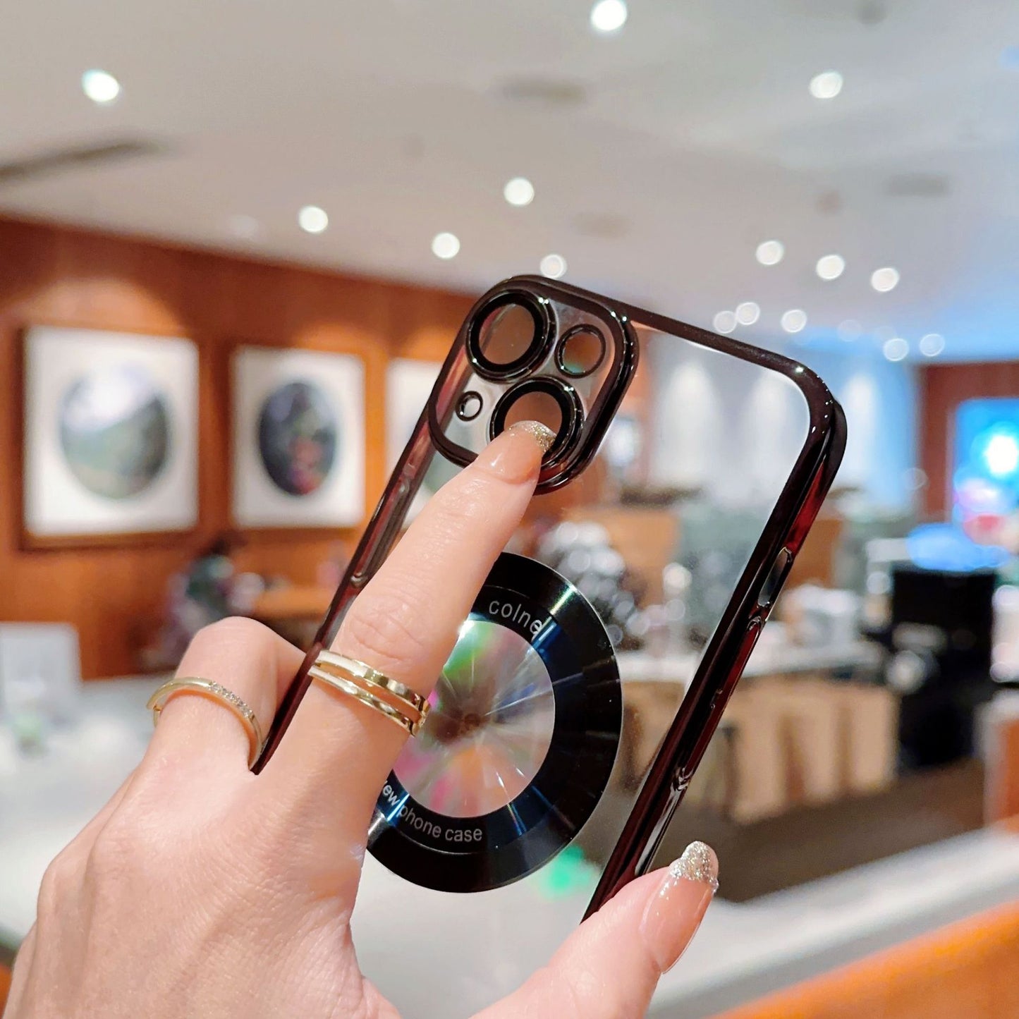 For iPhone 14 Clear PC Electroplating Phone Case Acrylic Magnifier Logo View Magnetic Cover