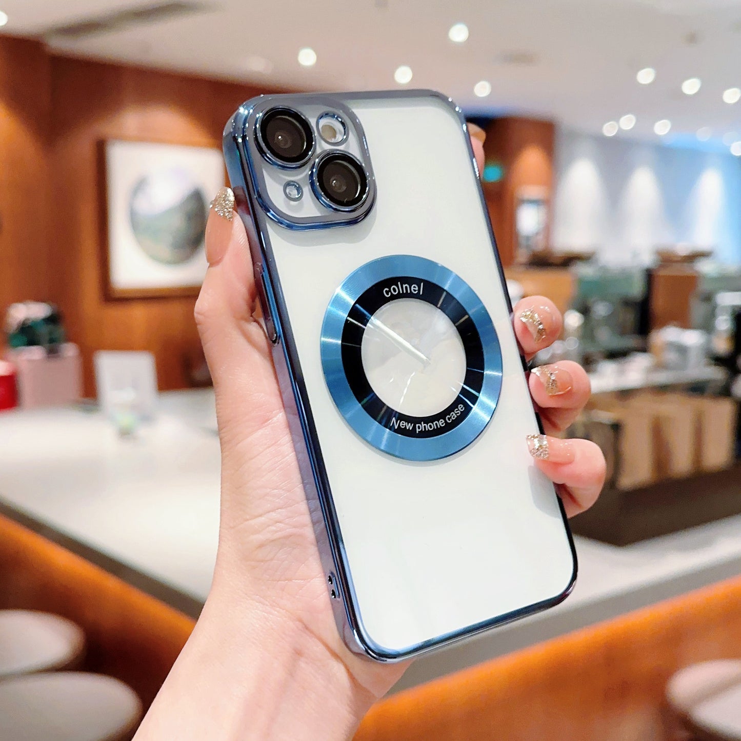 For iPhone 14 Clear PC Electroplating Phone Case Acrylic Magnifier Logo View Magnetic Cover