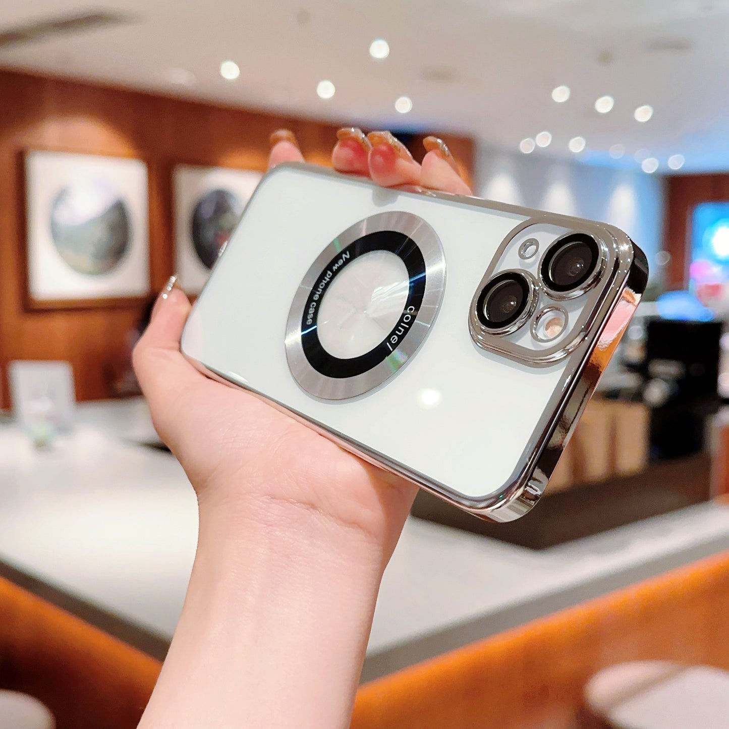 For iPhone 14 Clear PC Electroplating Phone Case Acrylic Magnifier Logo View Magnetic Cover