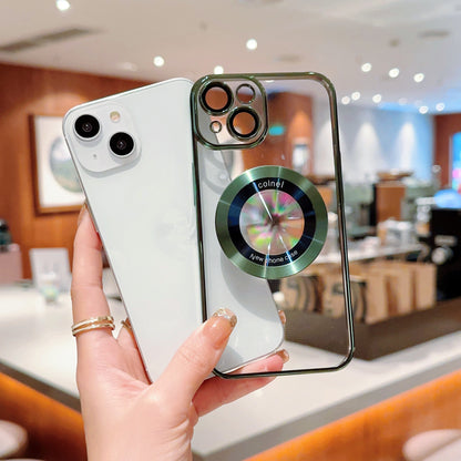 For iPhone 13 Electroplated Hard PC Case Acrylic Magnifier Logo View Magnetic Clear Phone Cover