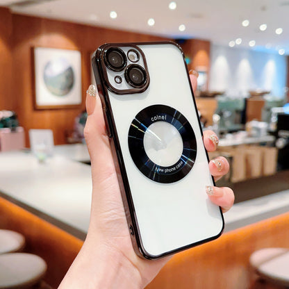 For iPhone 13 Electroplated Hard PC Case Acrylic Magnifier Logo View Magnetic Clear Phone Cover