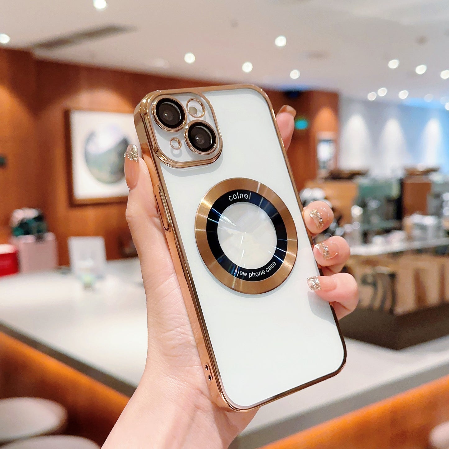 For iPhone 13 Electroplated Hard PC Case Acrylic Magnifier Logo View Magnetic Clear Phone Cover