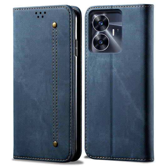 For Realme C55 PU Leather Case Stand Wallet Jeans Cloth Texture Cell Phone Cover