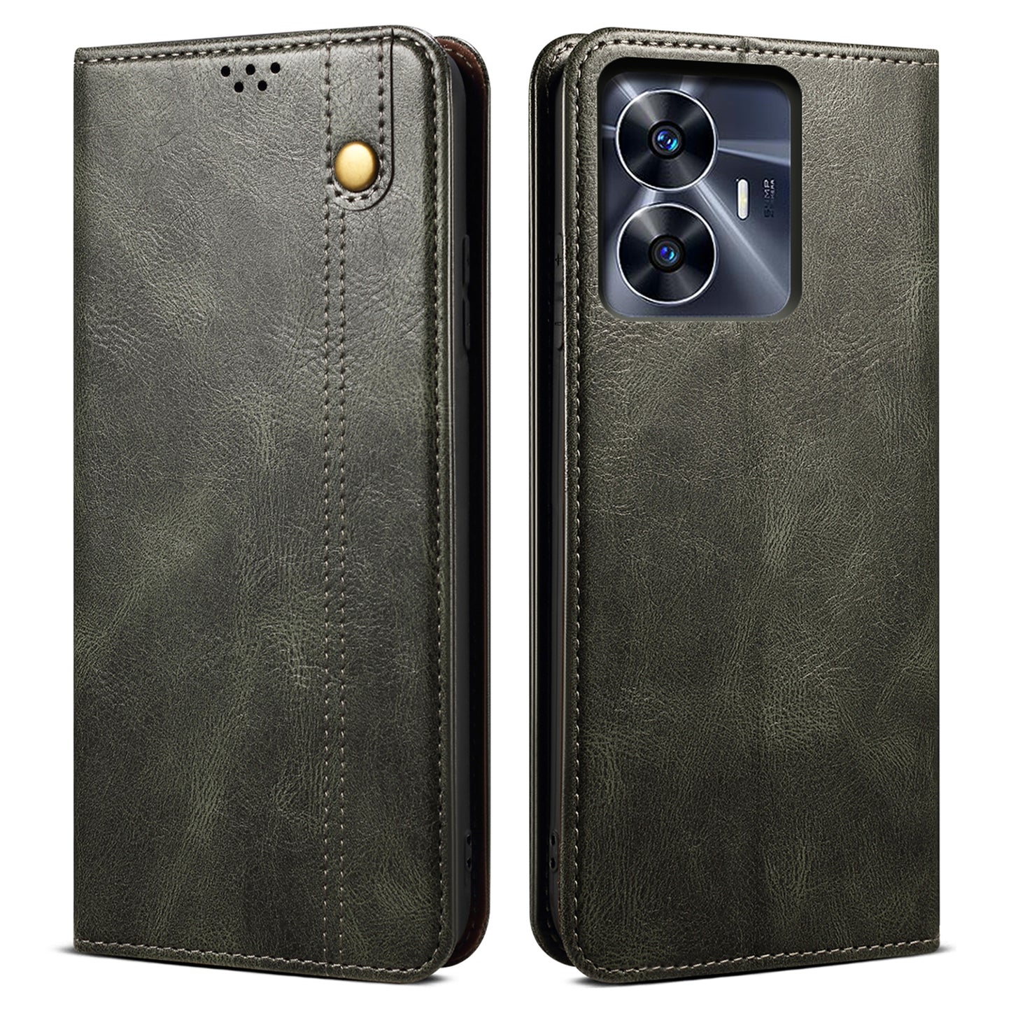 Leather Phone Cover for Realme C55 , Waxy Crazy Horse Texture Phone Case with Stand Wallet