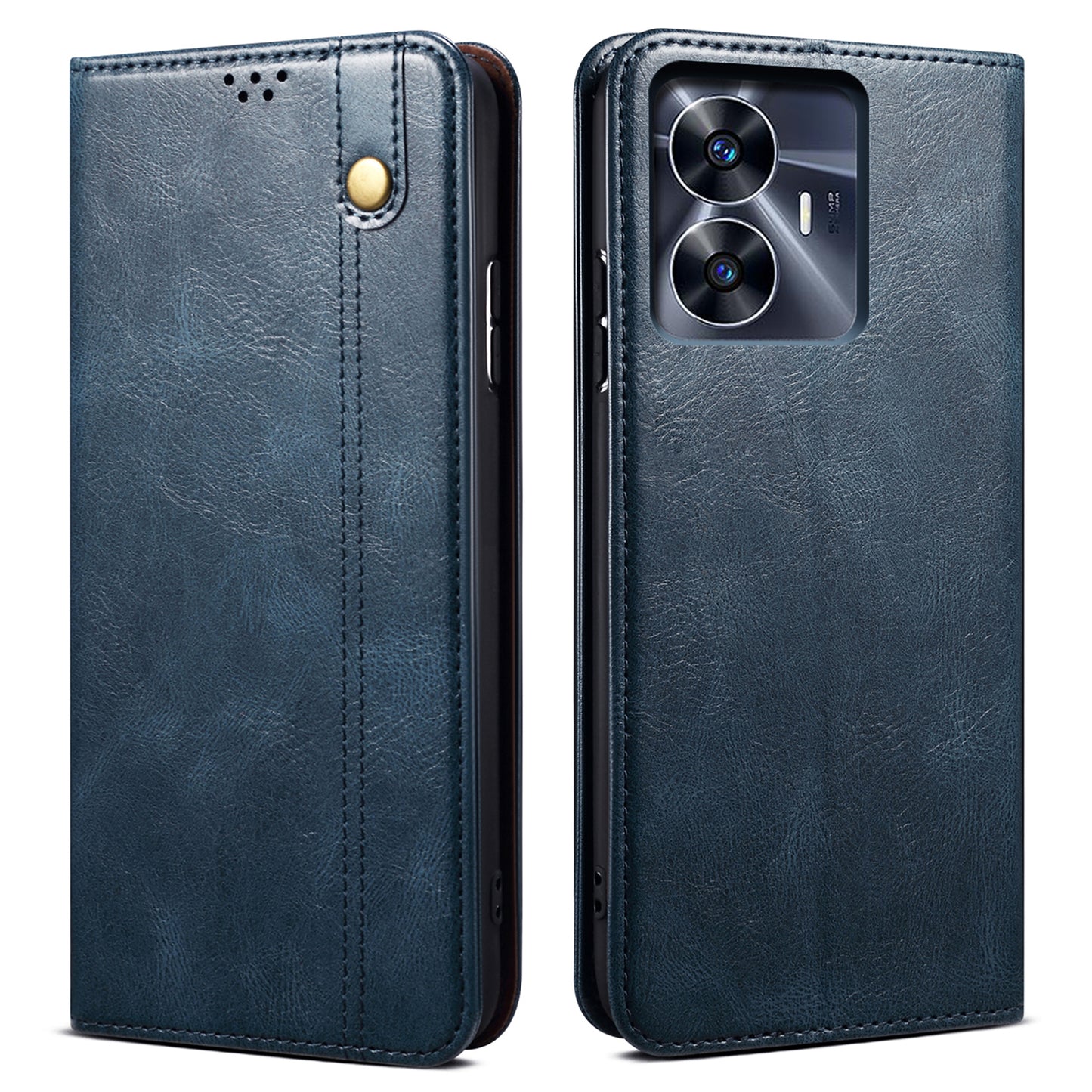 Leather Phone Cover for Realme C55 , Waxy Crazy Horse Texture Phone Case with Stand Wallet