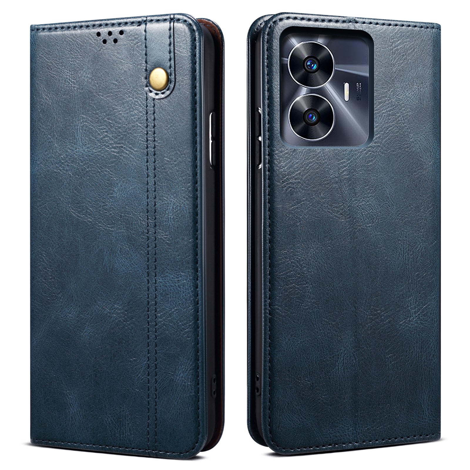 Leather Phone Cover for Realme C55 , Waxy Crazy Horse Texture Phone Case with Stand Wallet