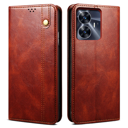 Leather Phone Cover for Realme C55 , Waxy Crazy Horse Texture Phone Case with Stand Wallet