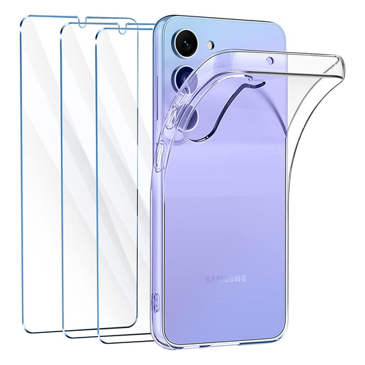 For Samsung Galaxy A54 5G Clear TPU Phone Case with 3Pcs 2.5D Arc Edge Tempered Glass Screen Film