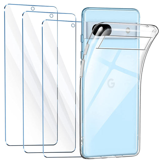 For Google Pixel 7a TPU Case Clear Phone Cover with 3Pcs 2.5D Arc Edge Tempered Glass Screen Film