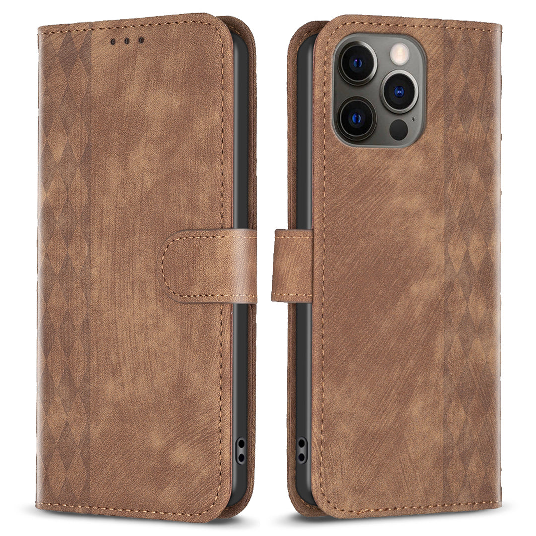 For iPhone 12 / 12 Pro 6.1 inch Magnetic Clasp Imprinting Grid Pattern Stand Cover Phone Wallet Case