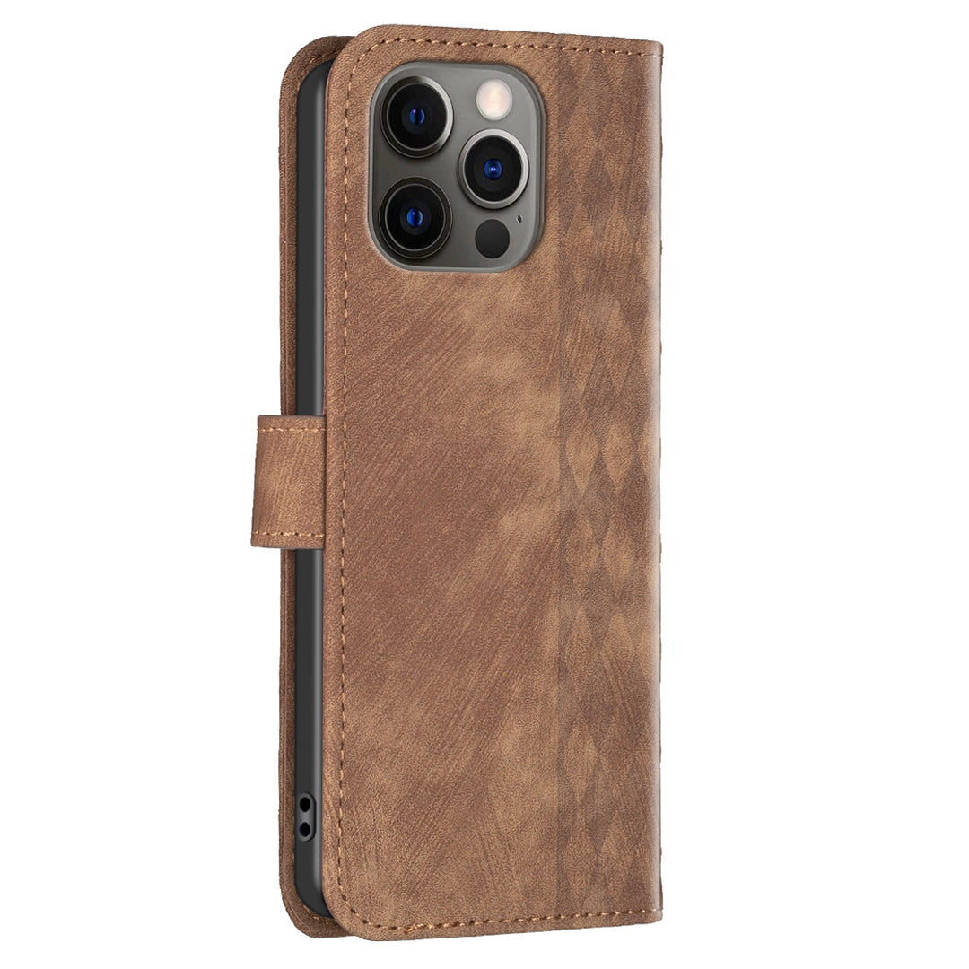 For iPhone 12 / 12 Pro 6.1 inch Magnetic Clasp Imprinting Grid Pattern Stand Cover Phone Wallet Case