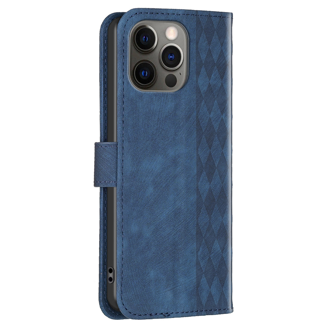 For iPhone 12 / 12 Pro 6.1 inch Magnetic Clasp Imprinting Grid Pattern Stand Cover Phone Wallet Case