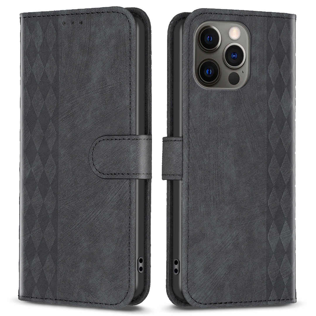 For iPhone 12 / 12 Pro 6.1 inch Magnetic Clasp Imprinting Grid Pattern Stand Cover Phone Wallet Case