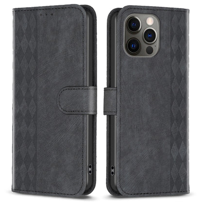 For iPhone 12 / 12 Pro 6.1 inch Magnetic Clasp Imprinting Grid Pattern Stand Cover Phone Wallet Case