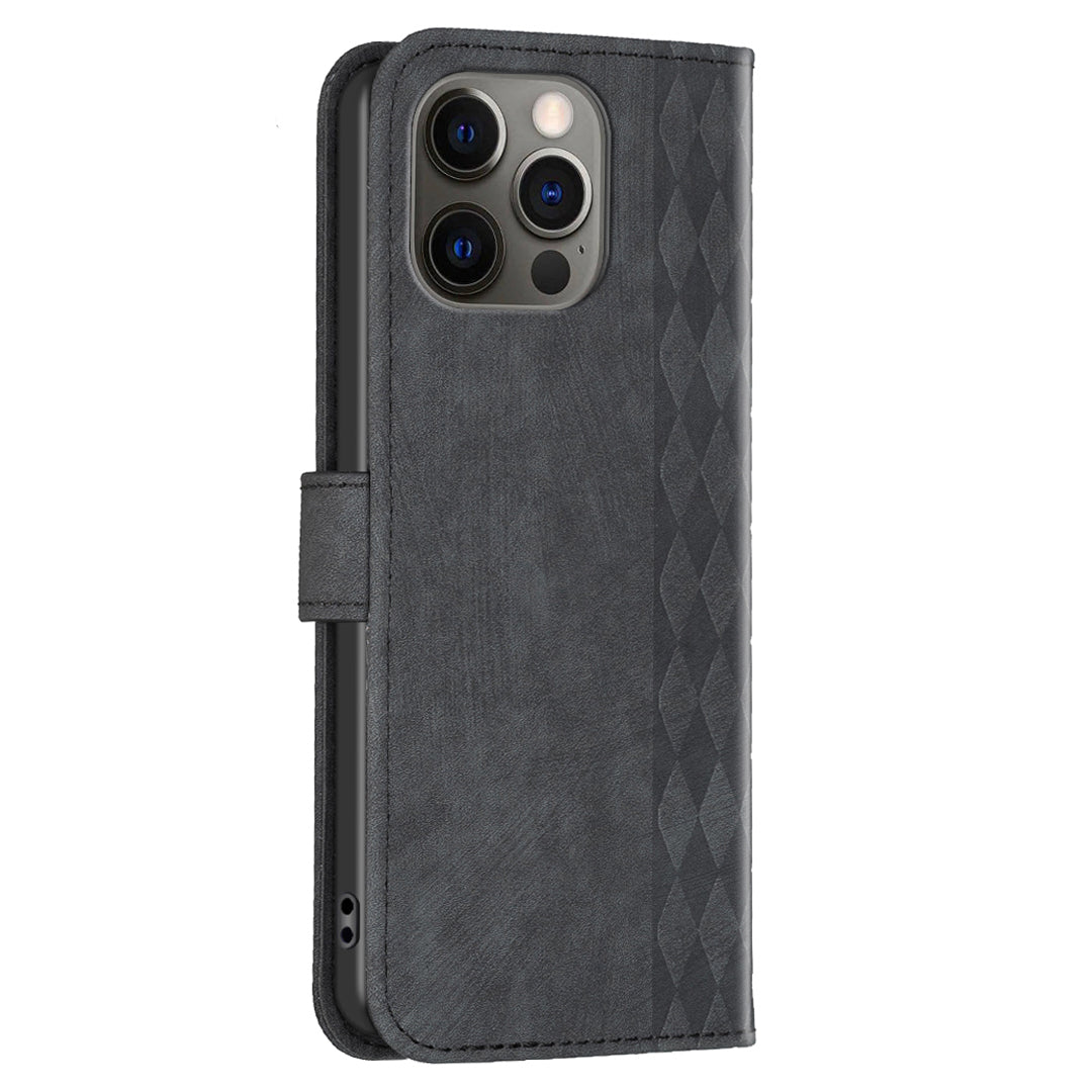 For iPhone 12 / 12 Pro 6.1 inch Magnetic Clasp Imprinting Grid Pattern Stand Cover Phone Wallet Case