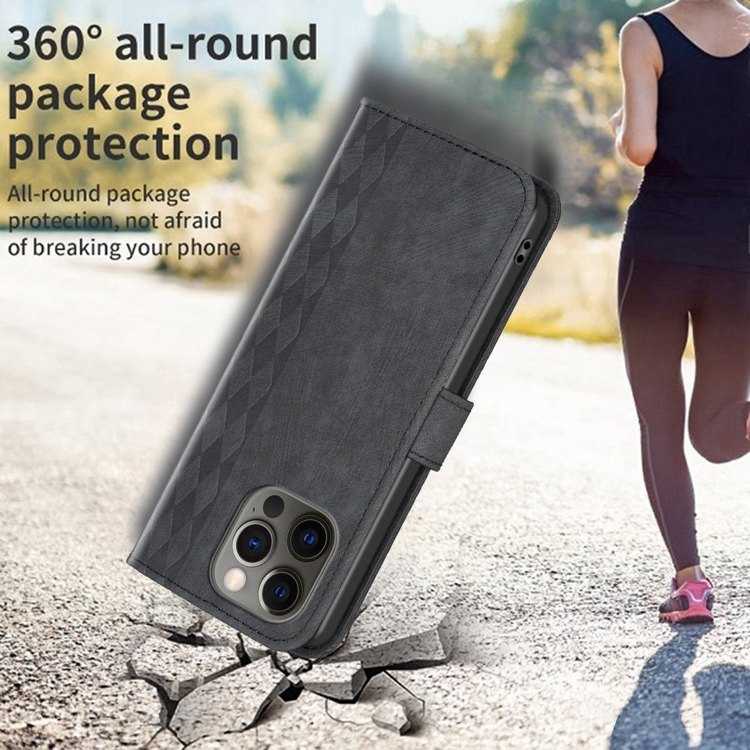 For iPhone 12 / 12 Pro 6.1 inch Magnetic Clasp Imprinting Grid Pattern Stand Cover Phone Wallet Case