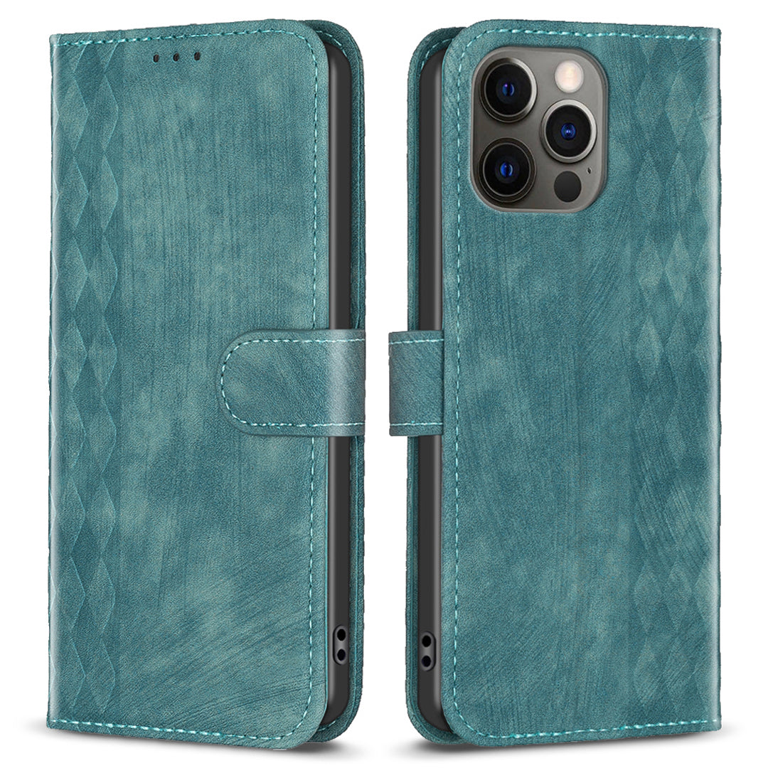 For iPhone 12 / 12 Pro 6.1 inch Magnetic Clasp Imprinting Grid Pattern Stand Cover Phone Wallet Case