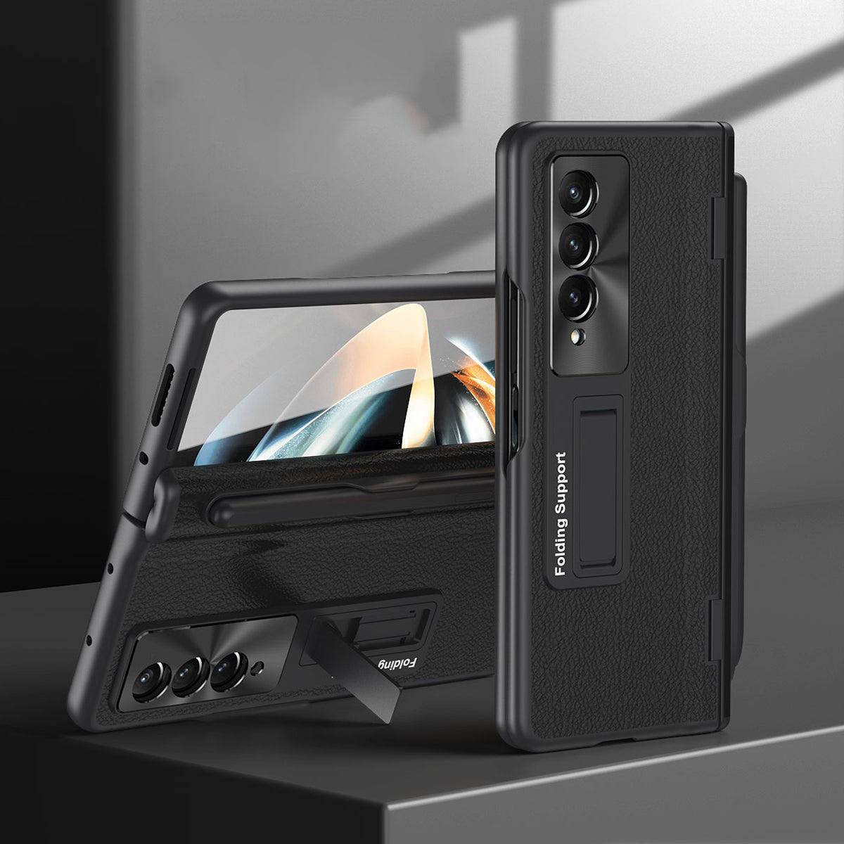 For Samsung Galaxy Z Fold3 5G Hinged Kickstand Case PU Leather + PC Phone Cover with Stylus and Tempered Glass Film
