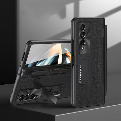 For Samsung Galaxy Z Fold3 5G Hinged Kickstand Case PU Leather + PC Phone Cover with Stylus and Tempered Glass Film
