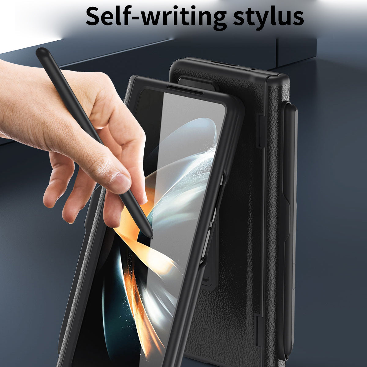 For Samsung Galaxy Z Fold3 5G Hinged Kickstand Case PU Leather + PC Phone Cover with Stylus and Tempered Glass Film