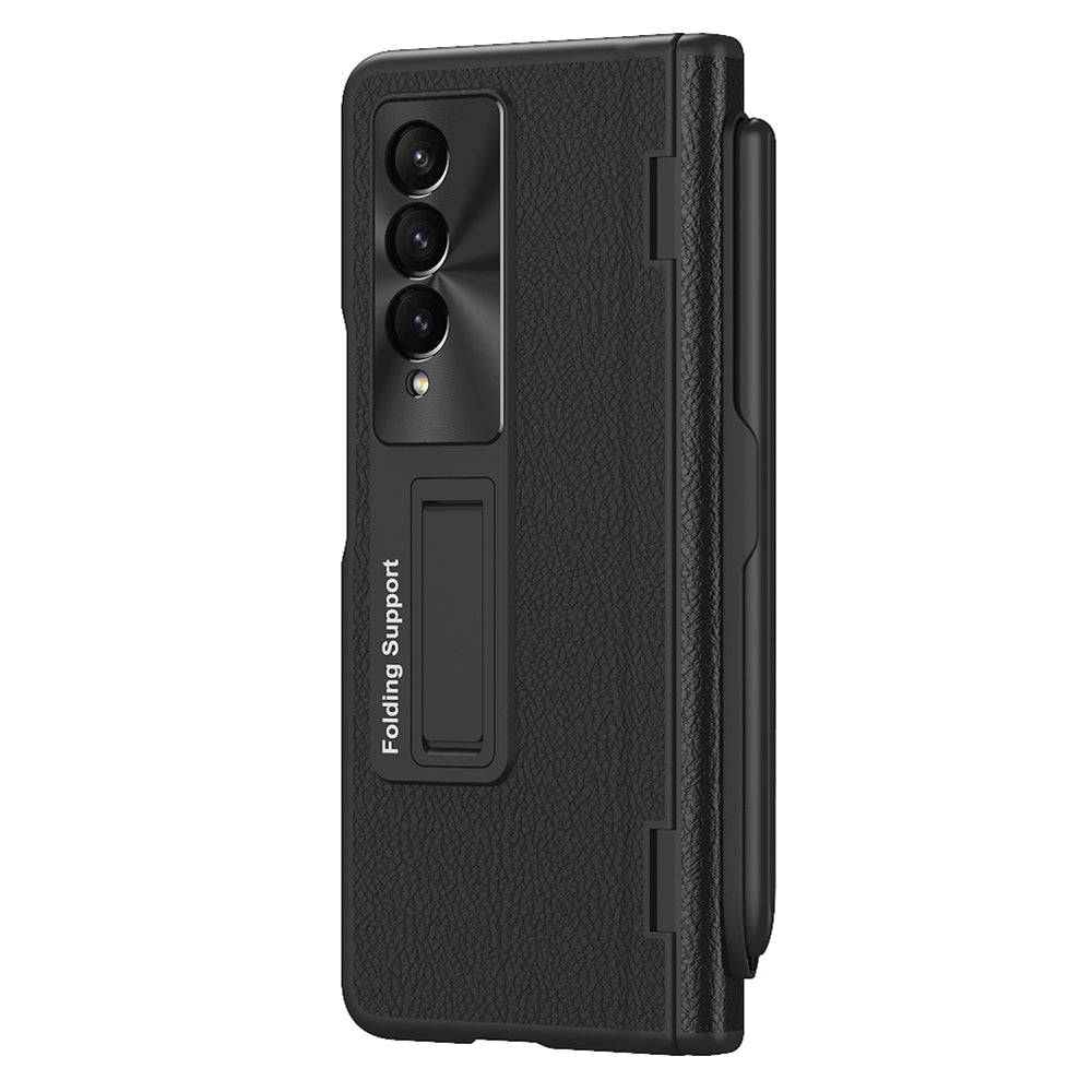 For Samsung Galaxy Z Fold3 5G Hinged Kickstand Case PU Leather + PC Phone Cover with Stylus and Tempered Glass Film