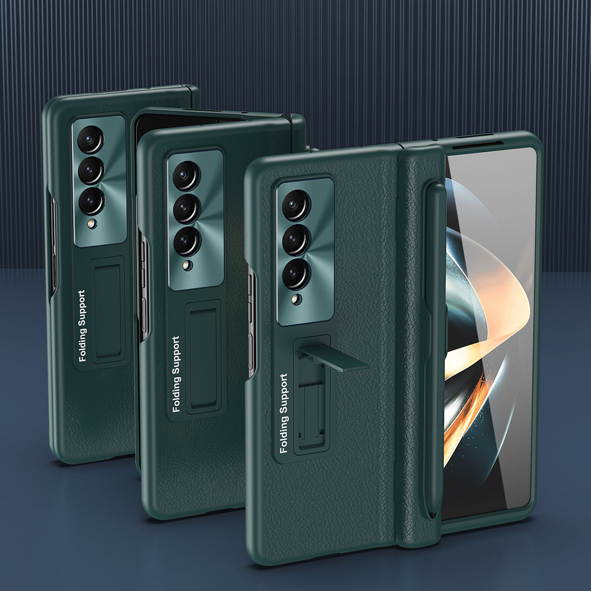 For Samsung Galaxy Z Fold3 5G Hinged Kickstand Case PU Leather + PC Phone Cover with Stylus and Tempered Glass Film