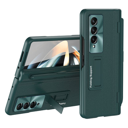 For Samsung Galaxy Z Fold3 5G Hinged Kickstand Case PU Leather + PC Phone Cover with Stylus and Tempered Glass Film