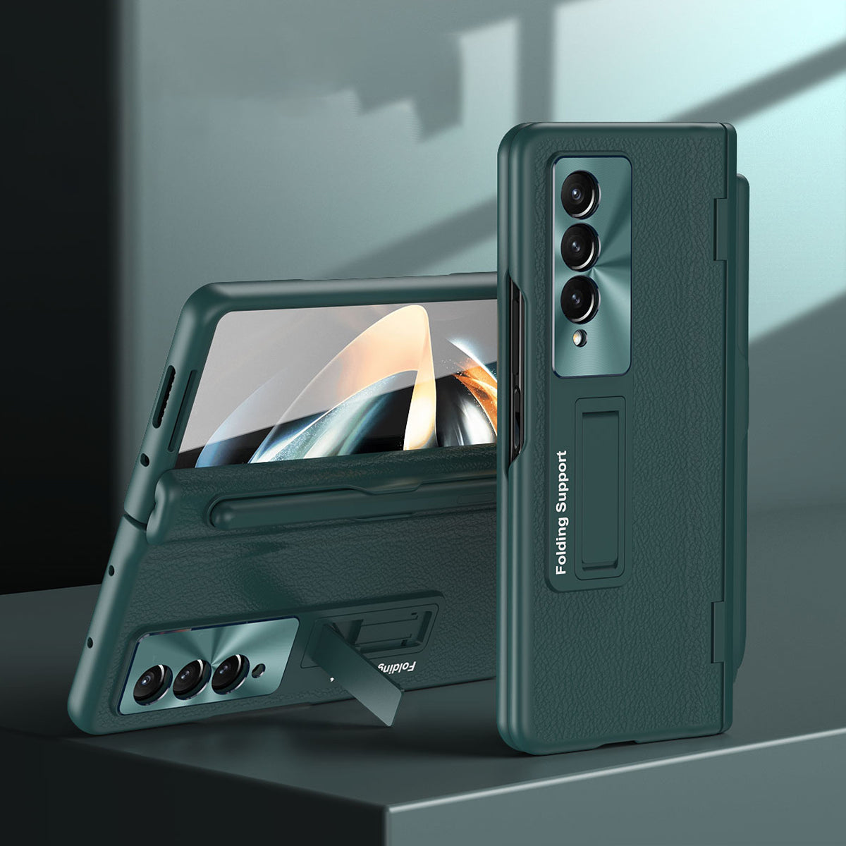 For Samsung Galaxy Z Fold3 5G Hinged Kickstand Case PU Leather + PC Phone Cover with Stylus and Tempered Glass Film