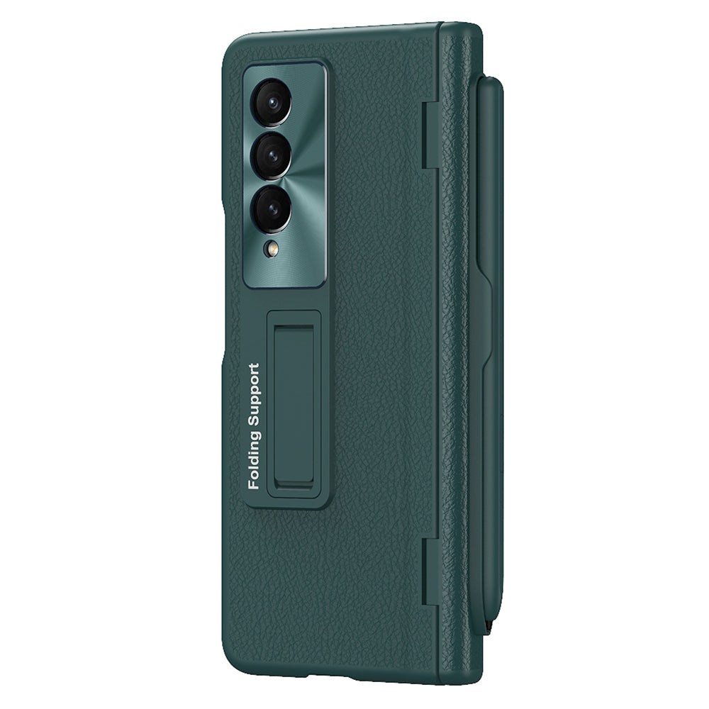 For Samsung Galaxy Z Fold3 5G Hinged Kickstand Case PU Leather + PC Phone Cover with Stylus and Tempered Glass Film