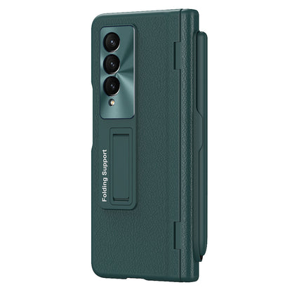 For Samsung Galaxy Z Fold3 5G Hinged Kickstand Case PU Leather + PC Phone Cover with Stylus and Tempered Glass Film
