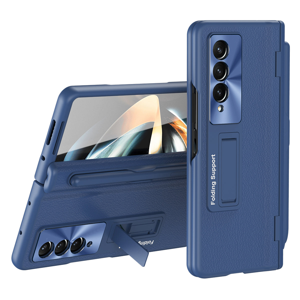 For Samsung Galaxy Z Fold3 5G Hinged Kickstand Case PU Leather + PC Phone Cover with Stylus and Tempered Glass Film