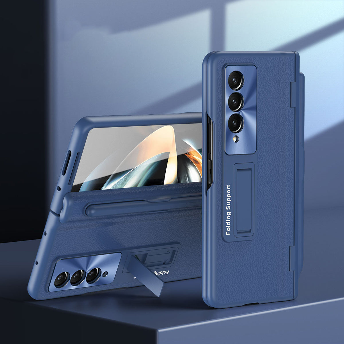 For Samsung Galaxy Z Fold3 5G Hinged Kickstand Case PU Leather + PC Phone Cover with Stylus and Tempered Glass Film