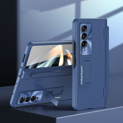 For Samsung Galaxy Z Fold3 5G Hinged Kickstand Case PU Leather + PC Phone Cover with Stylus and Tempered Glass Film
