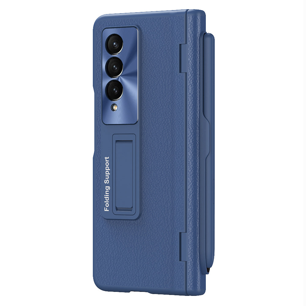 For Samsung Galaxy Z Fold3 5G Hinged Kickstand Case PU Leather + PC Phone Cover with Stylus and Tempered Glass Film