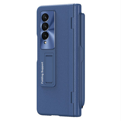 For Samsung Galaxy Z Fold3 5G Hinged Kickstand Case PU Leather + PC Phone Cover with Stylus and Tempered Glass Film