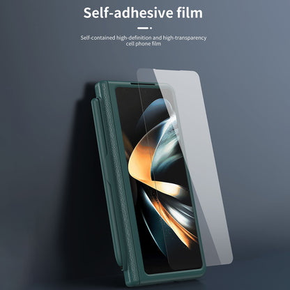 For Samsung Galaxy Z Fold3 5G Hinged Kickstand Case PU Leather + PC Phone Cover with Stylus and Tempered Glass Film