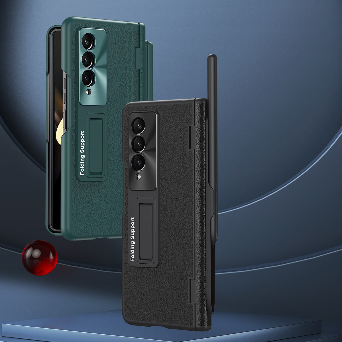 For Samsung Galaxy Z Fold3 5G Hinged Kickstand Case PU Leather + PC Phone Cover with Stylus and Tempered Glass Film