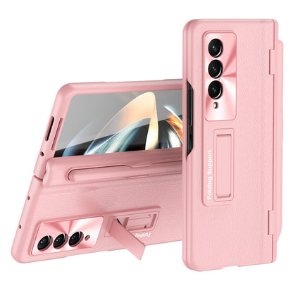 For Samsung Galaxy Z Fold3 5G Hinged Kickstand Case PU Leather + PC Phone Cover with Stylus and Tempered Glass Film