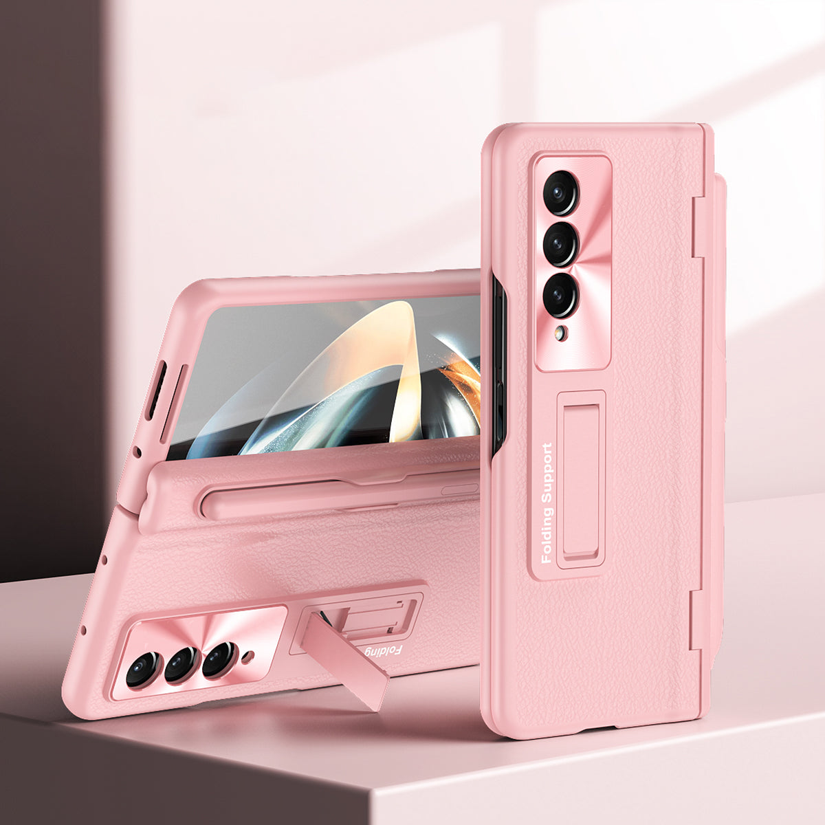 For Samsung Galaxy Z Fold3 5G Hinged Kickstand Case PU Leather + PC Phone Cover with Stylus and Tempered Glass Film
