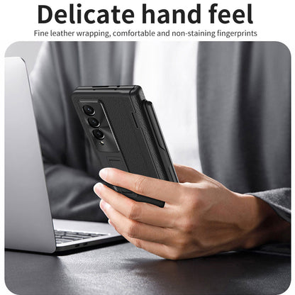 For Samsung Galaxy Z Fold3 5G Hinged Kickstand Case PU Leather + PC Phone Cover with Stylus and Tempered Glass Film