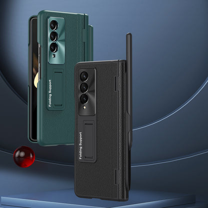 For Samsung Galaxy Z Fold3 5G Hinged Kickstand Case PU Leather + PC Phone Cover with Stylus and Tempered Glass Film