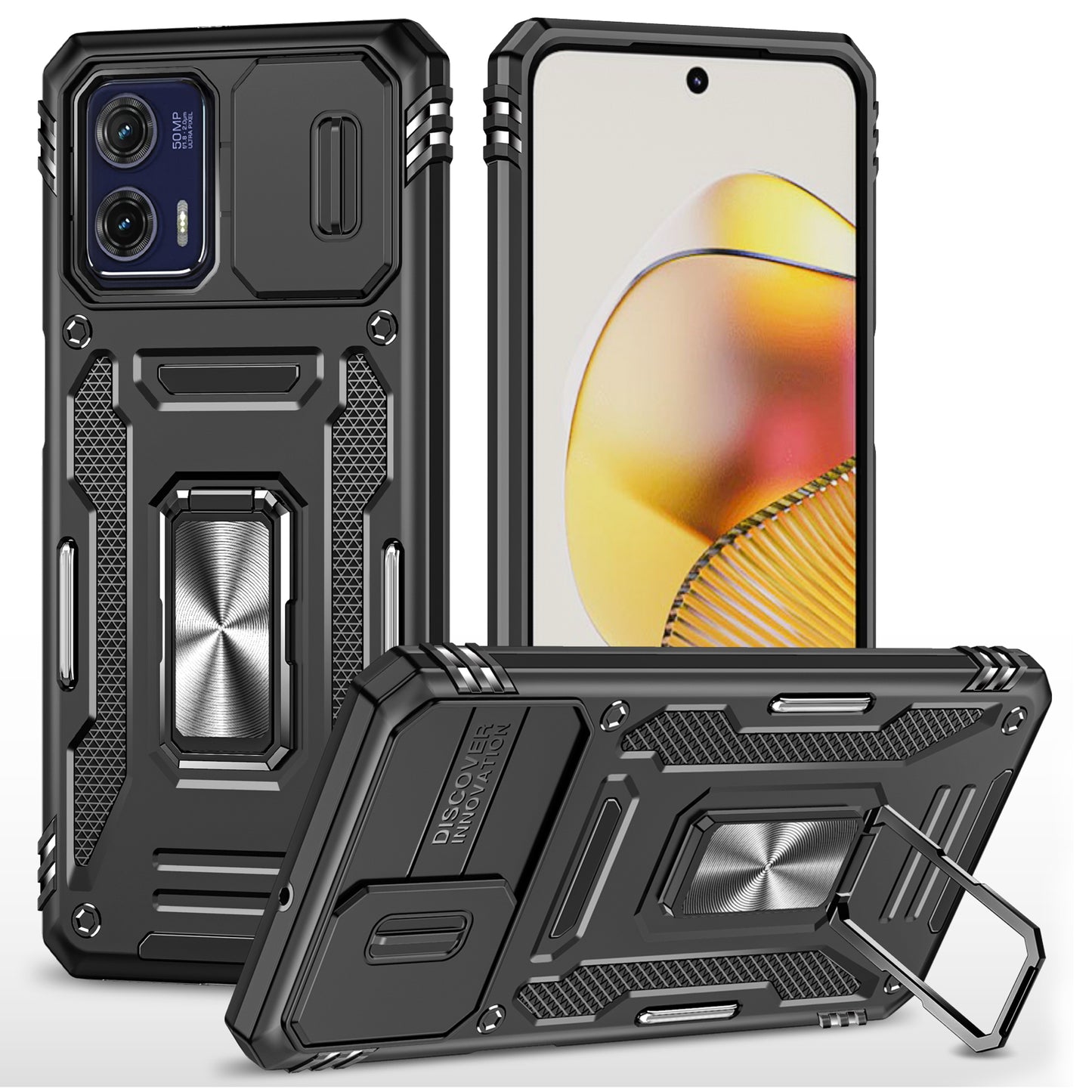 For Motorola Moto G73 5G Armor Series PC + TPU Phone Case Kickstand Shell with Slide Camera Protector Cover