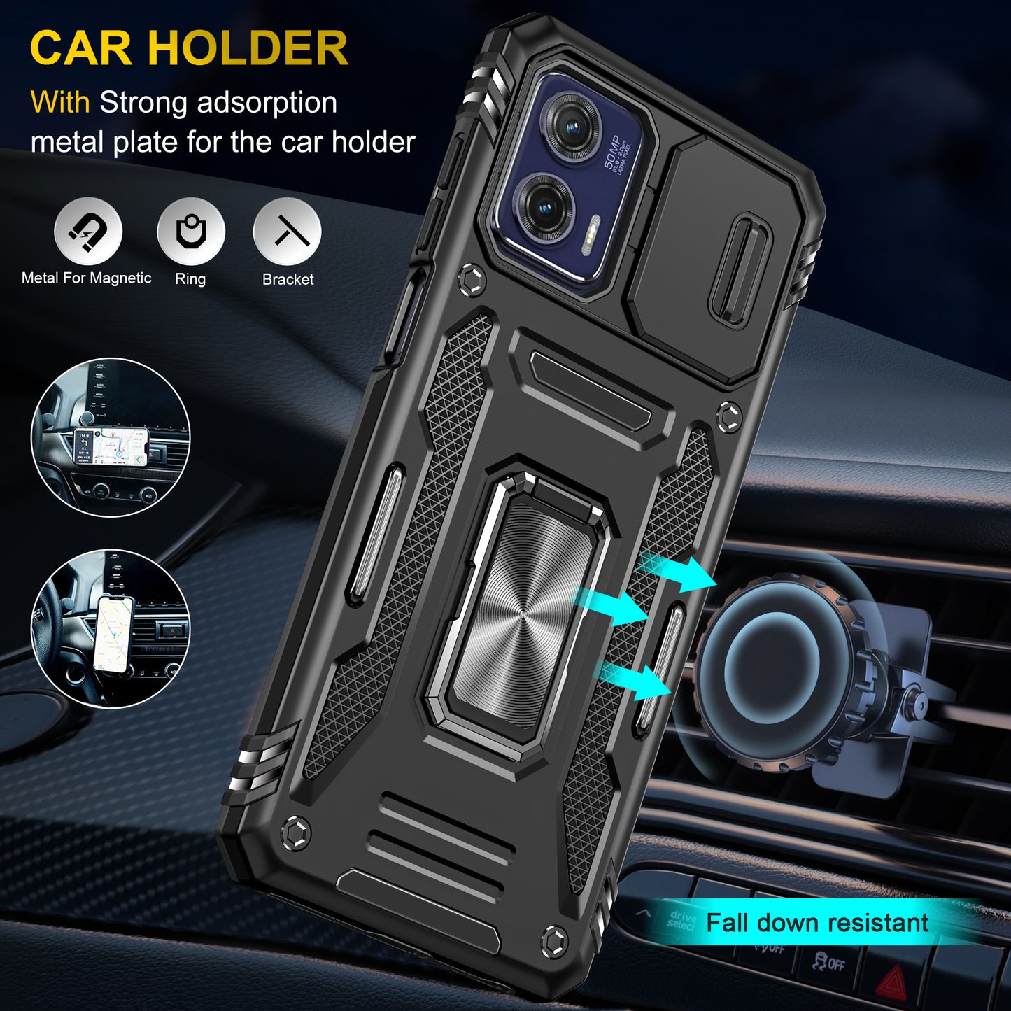 For Motorola Moto G73 5G Armor Series PC + TPU Phone Case Kickstand Shell with Slide Camera Protector Cover